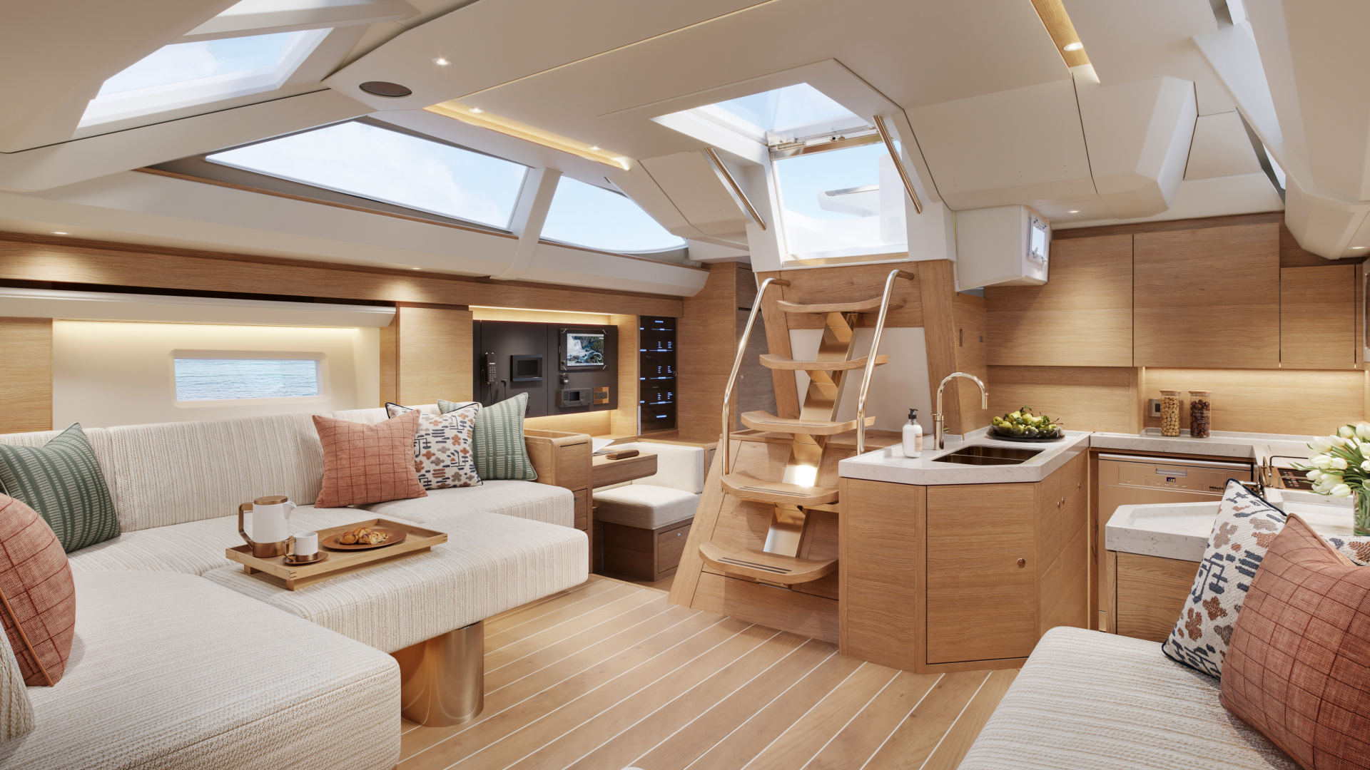 Oyster 515 50 Foot Bluewater Sailing Yacht Interior Oak Saloon Daybed