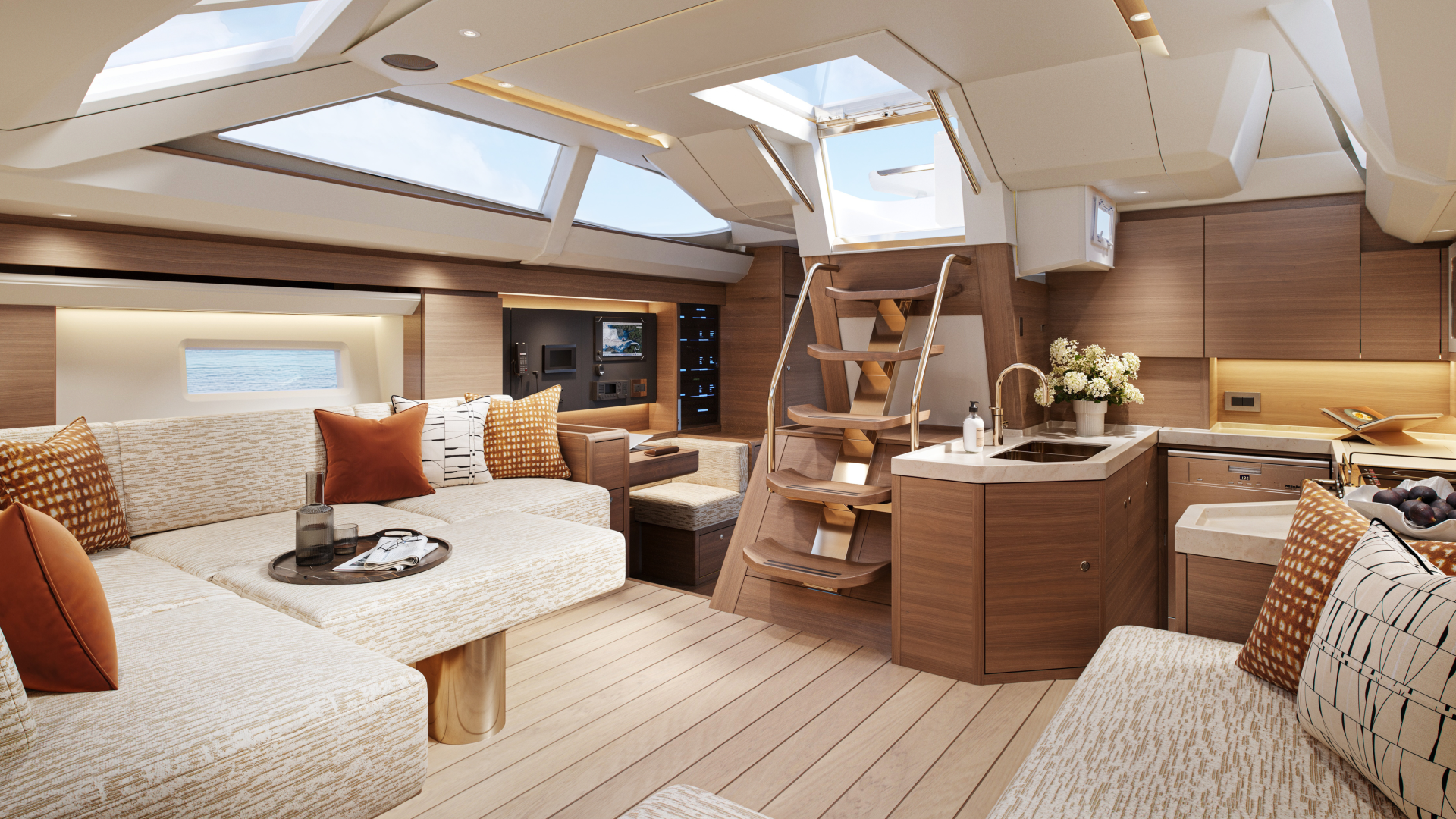 Oyster 515 50 Foot Bluewater Sailing Yacht Interior Walnut Saloon Daybed