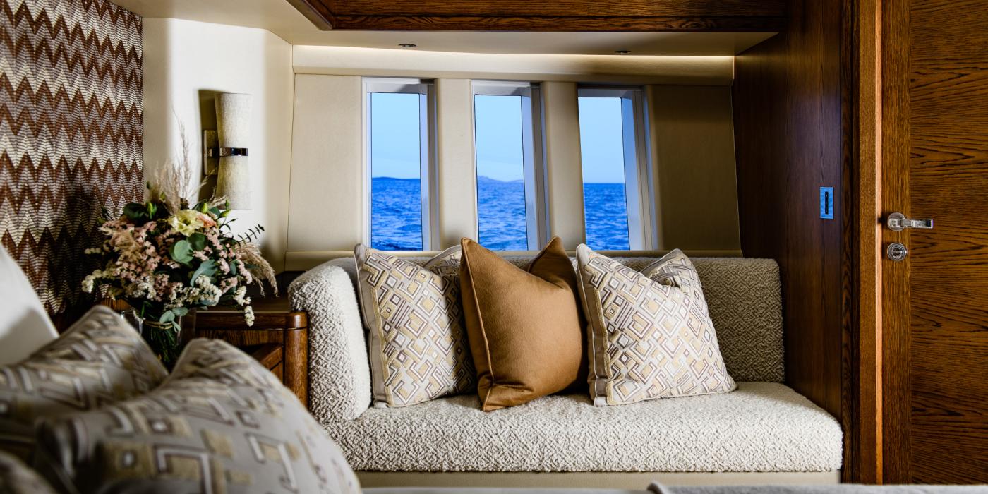 Oyster 885 90 Foot Sailing Yacht Interior Oak Walnut Finish Master Cabin Sofa