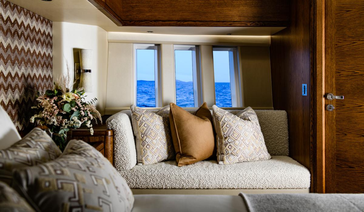 Oyster 885 90 Foot Sailing Yacht Interior Oak Walnut Finish Master Cabin Sofa