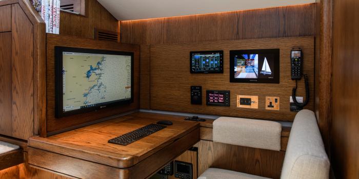 Oyster 885 90 Foot Sailing Yacht Interior Oak Walnut Finish Navigation Station