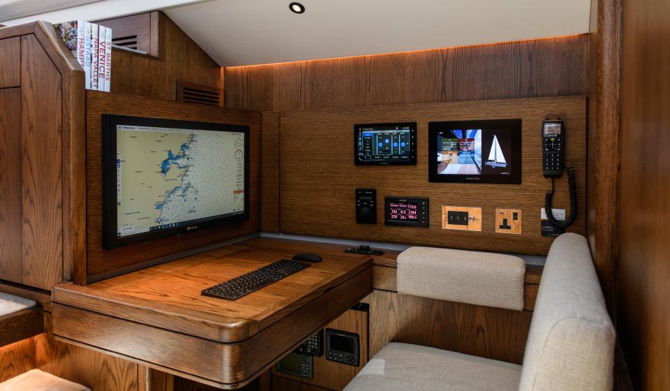 Oyster 885 90 Foot Sailing Yacht Interior Oak Walnut Finish Navigation Station