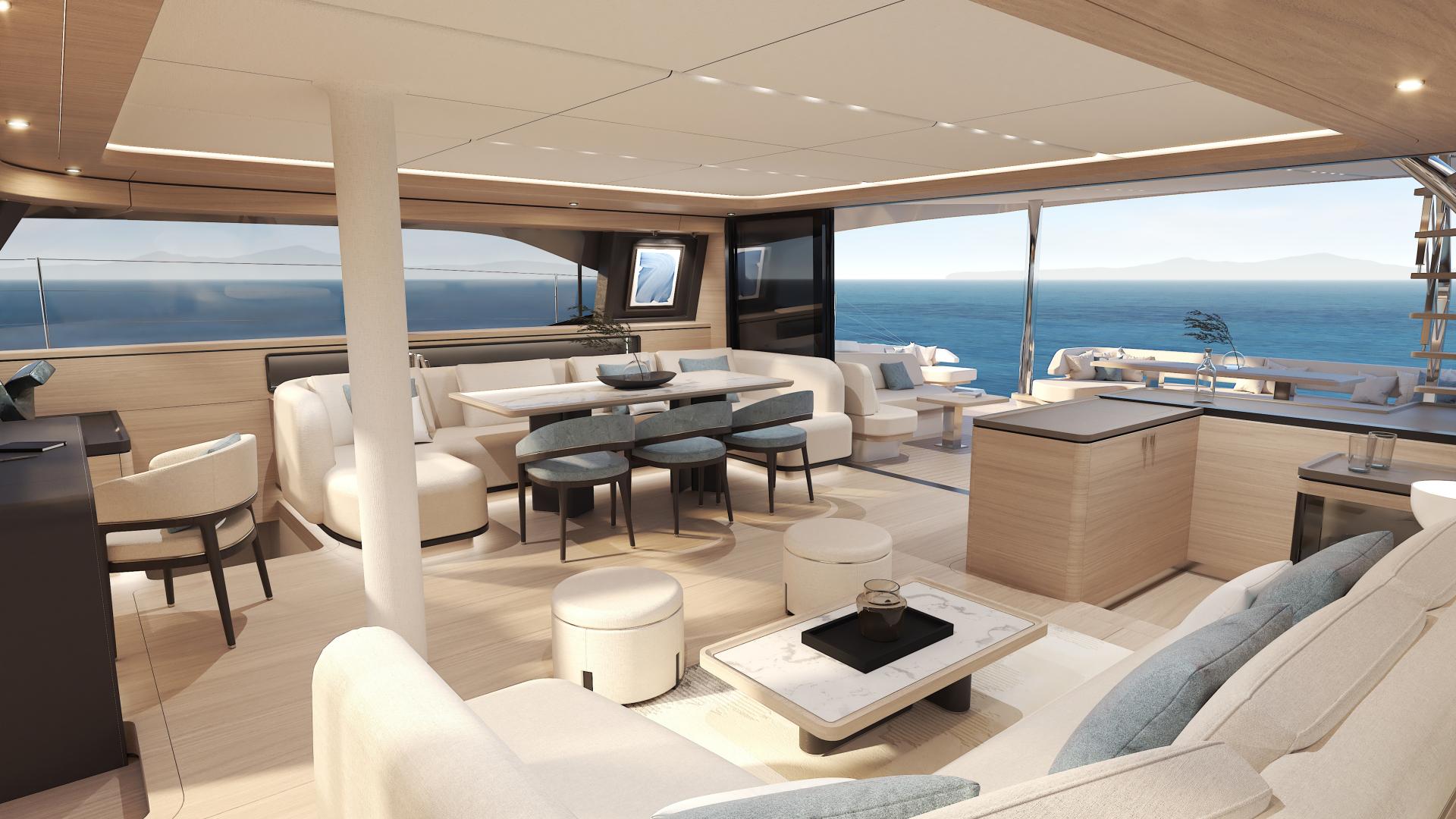 Oyster C60 60 Foot Sailing Catamaran Highlights Panoramic Saloon 