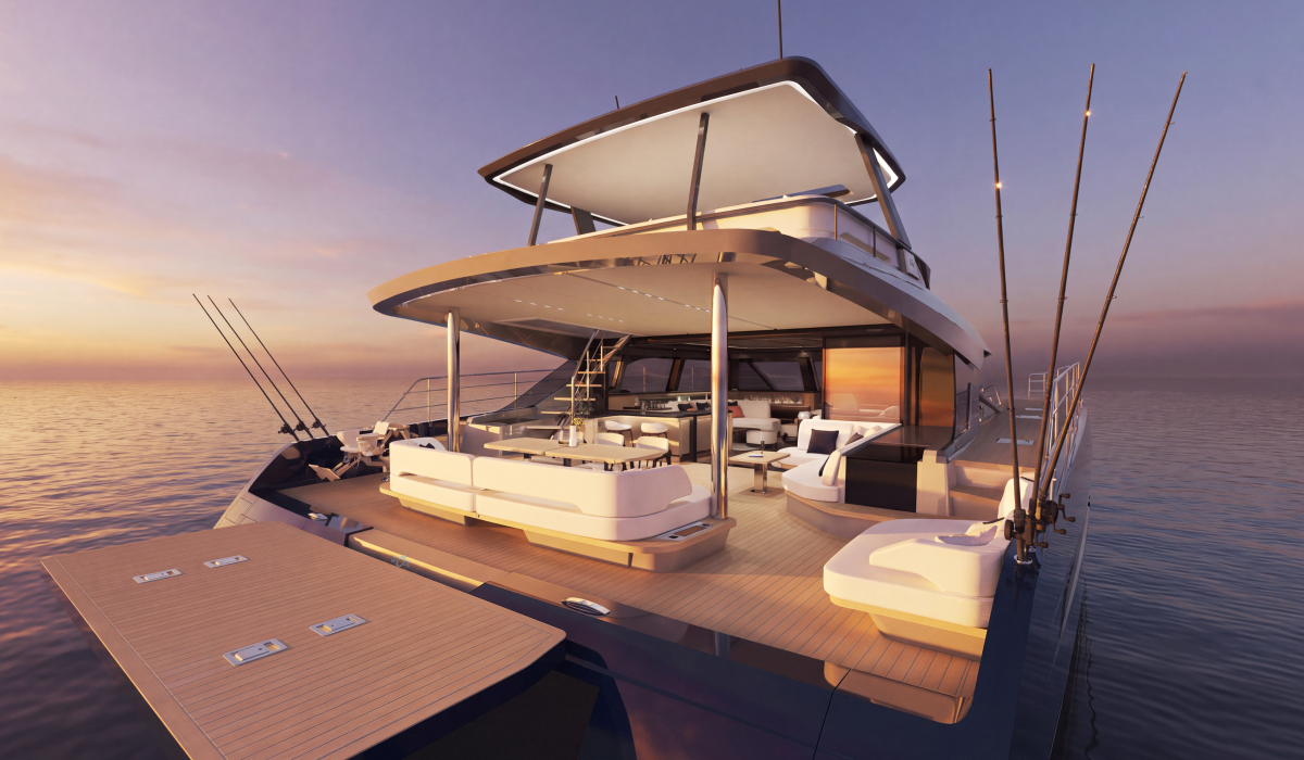 Oyster P60 60 foot power catamaran aft deck fishing sunset
