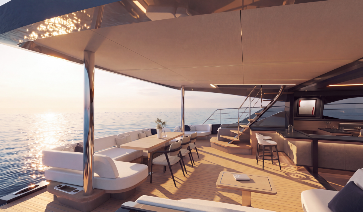 Oyster P60 60 foot power catamaran aft deck living spaces