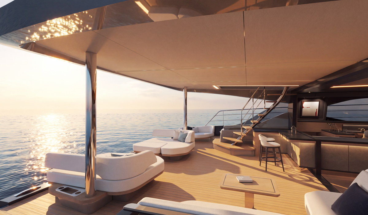 Oyster P60 60 foot power catamaran aft deck living