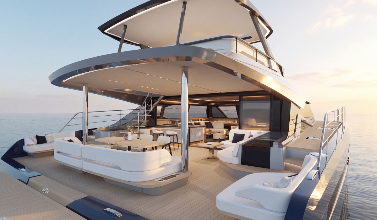 Oyster P60 60 foot power catamaran aft deck