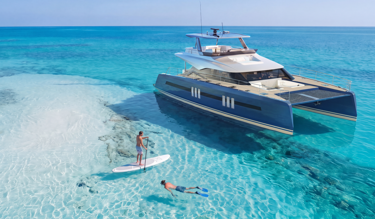 Oyster P60 60 foot power catamaran anchorage paddleboard