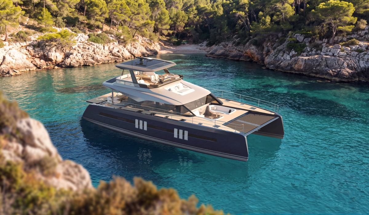 Oyster P60 60 foot power catamaran anchorage