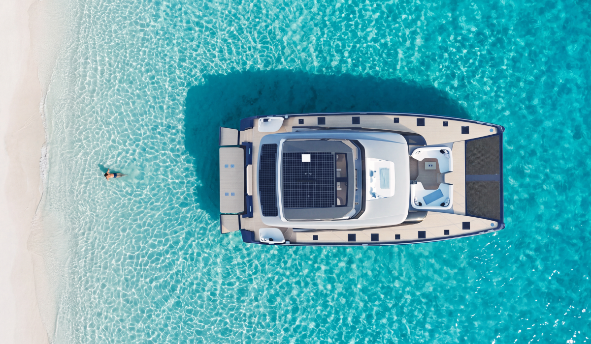 Oyster P60 60 foot power catamaran birds eye view