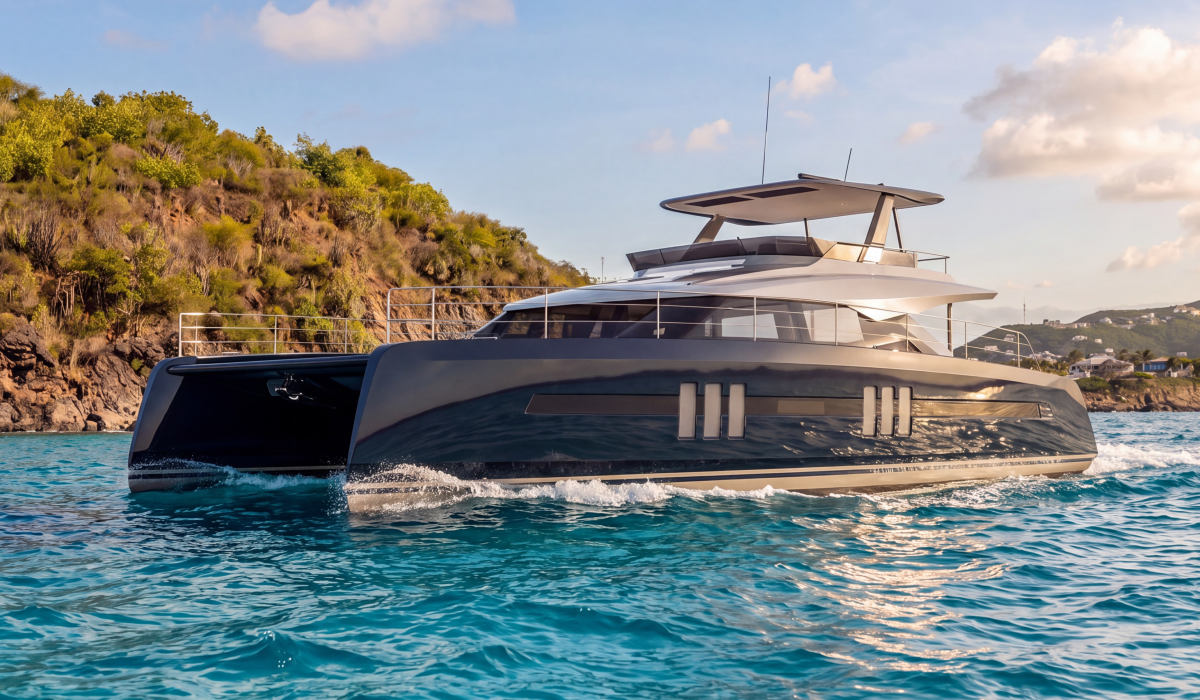 Oyster P60 60 foot power catamaran navy hull