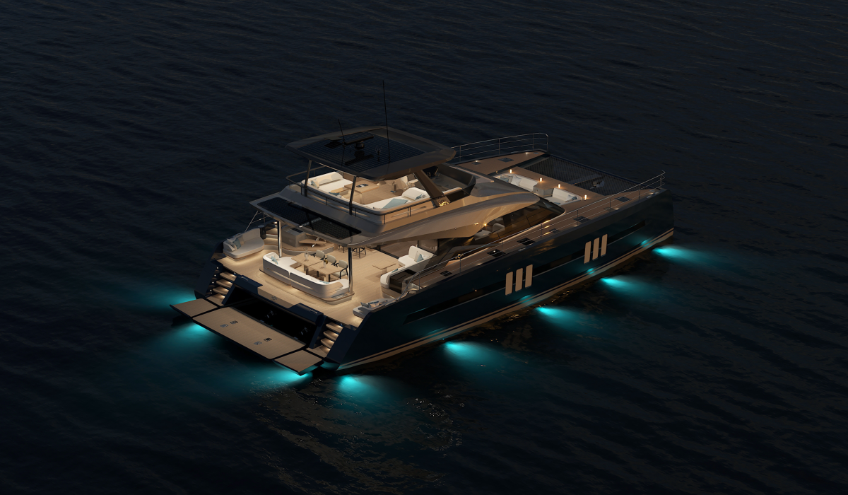 Oyster P60 60 foot power catamaran night exterior lighting
