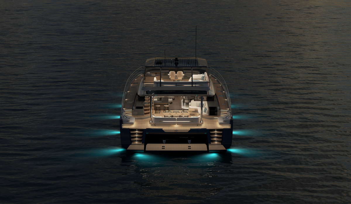 Oyster P60 60 foot power catamaran night exterior lights stern