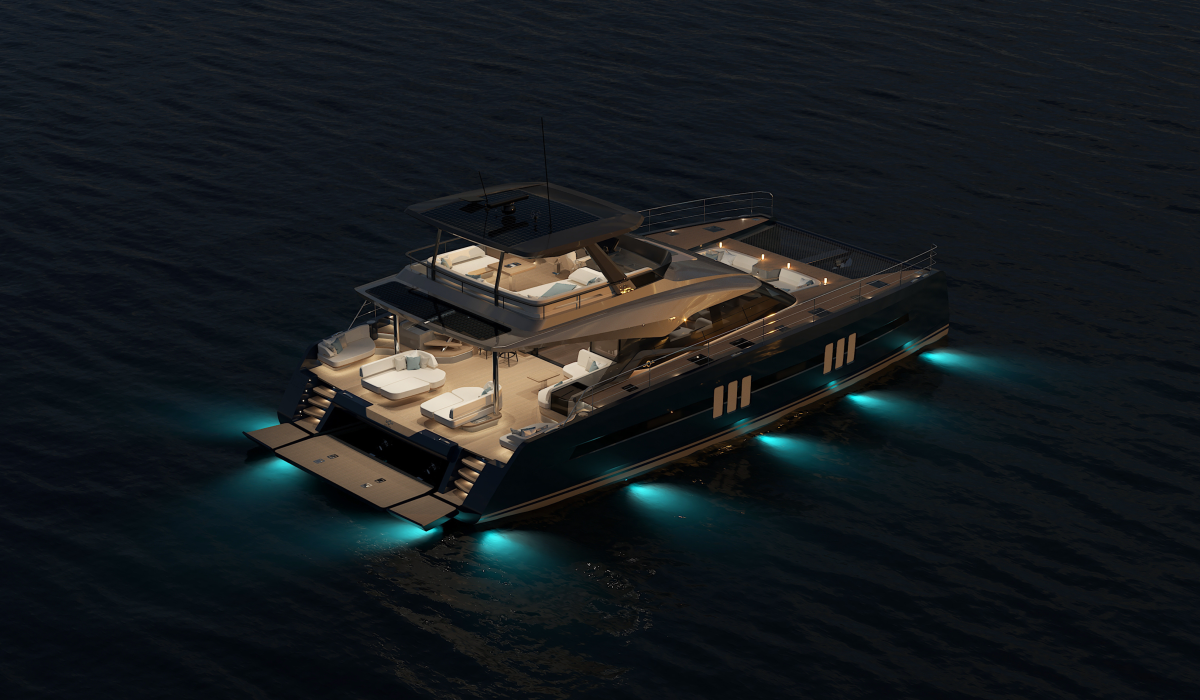 Oyster P60 60 foot power catamaran night exterior lights
