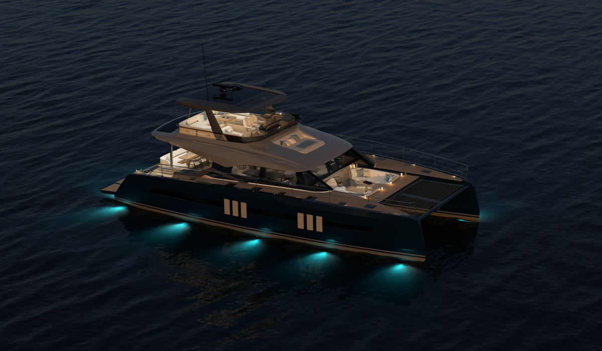Oyster P60 60 foot power catamaran night exterior