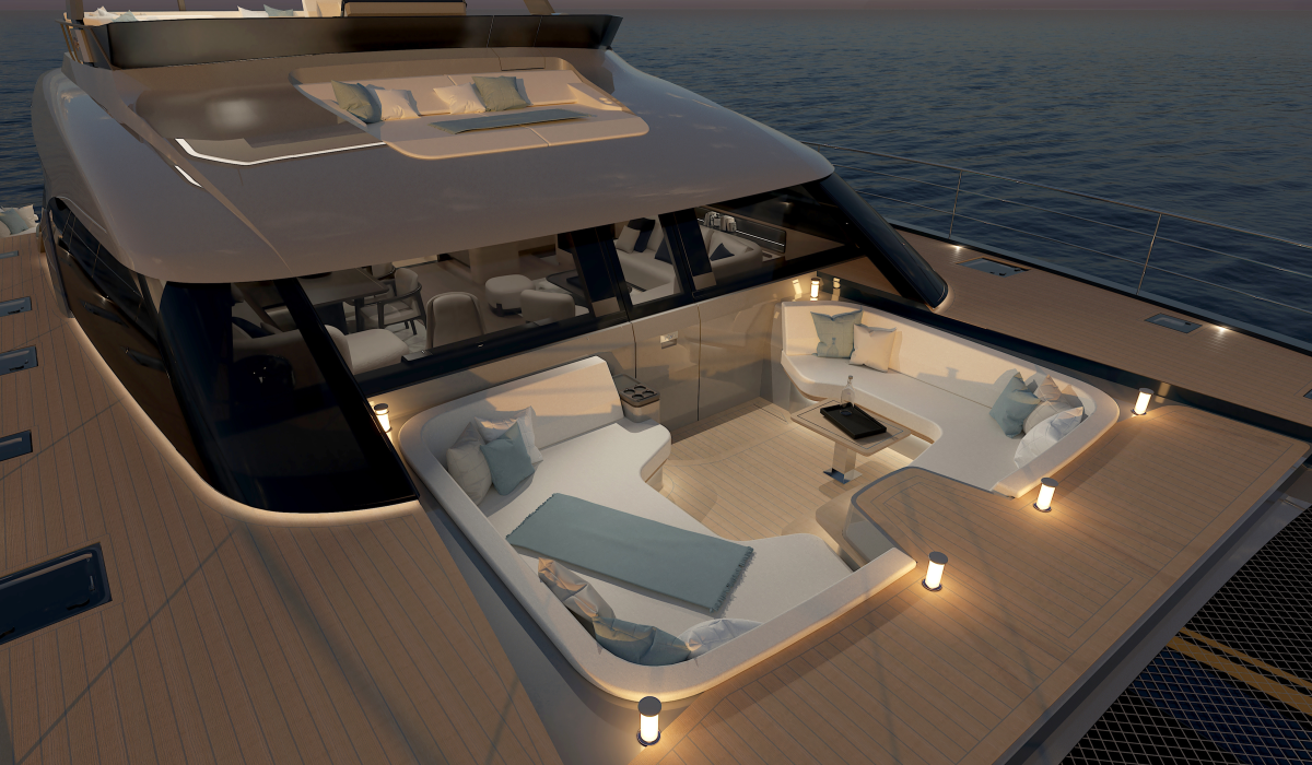 Oyster P60 60 foot power catamaran night forward cockpit
