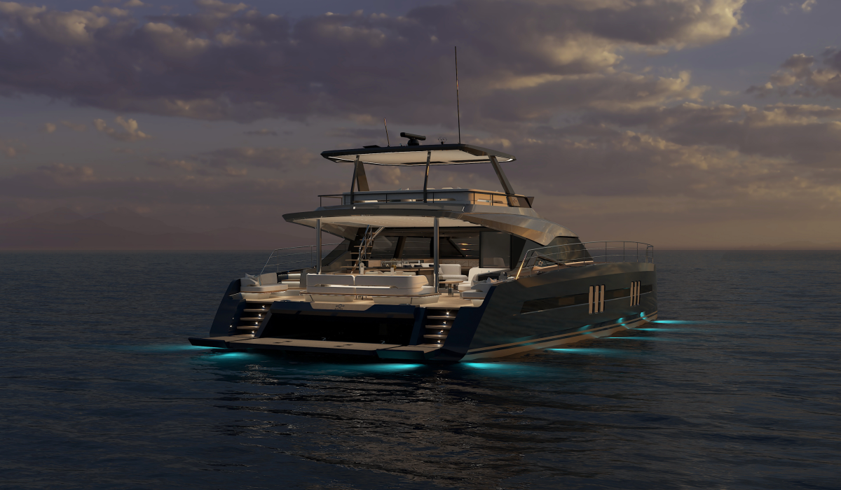 Oyster P60 60 foot power catamaran night