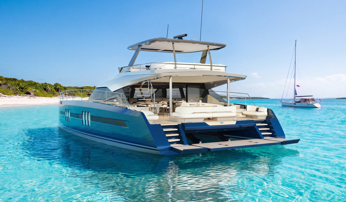 Oyster P60 60 foot power catamaran shallow anchorage