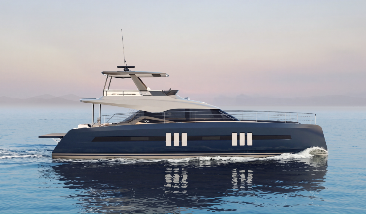 Oyster P60 60 foot power catamaran side view navy hull