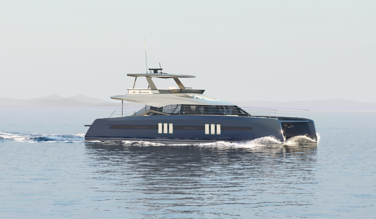 Oyster P60 60 foot power catamaran side view