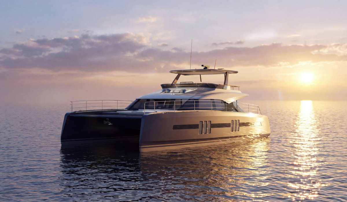Oyster P60 60 foot power catamaran sunset