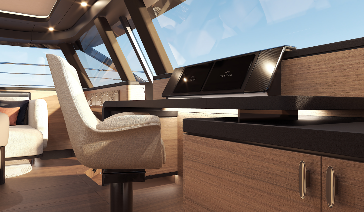 Oyster P60 power catamaran interior nav station