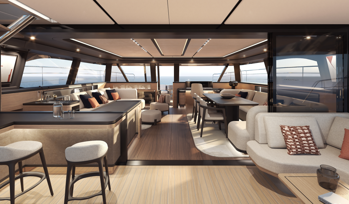 Oyster P60 power catamaran interior saloon 2