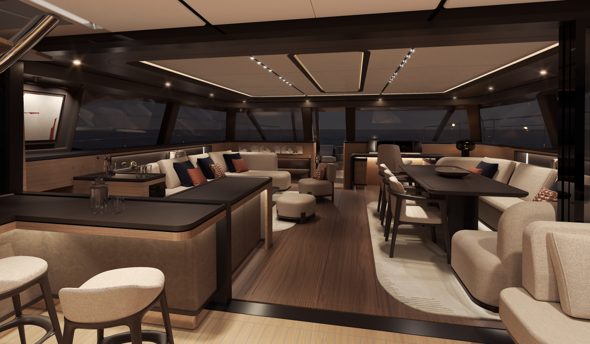 Oyster P60 power catamaran interior saloon at night 2