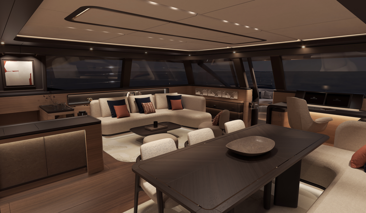 Oyster P60 power catamaran interior saloon at night 3