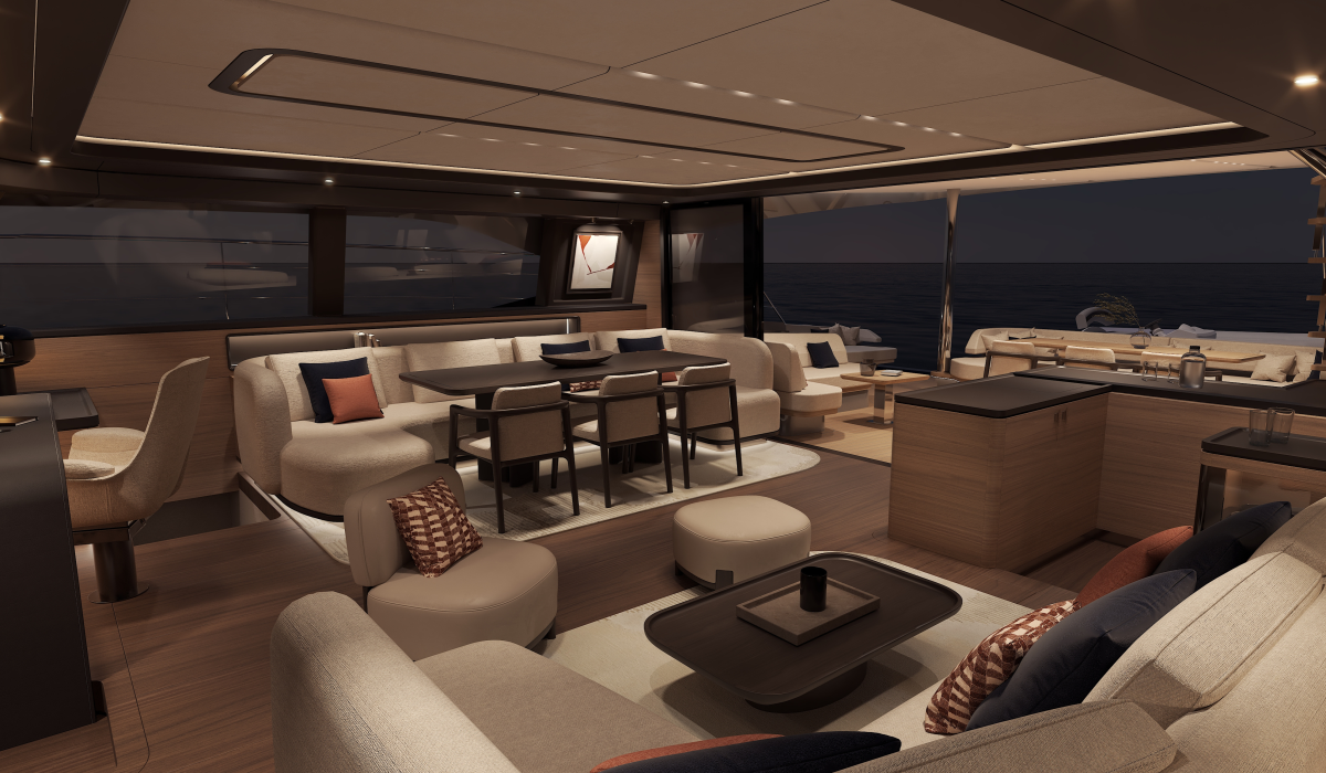 Oyster P60 power catamaran interior saloon at night 4