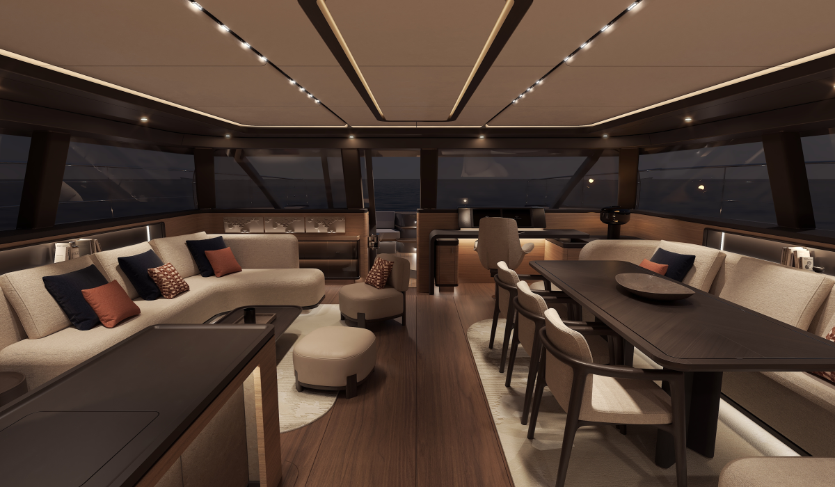Oyster P60 power catamaran interior saloon at night 5