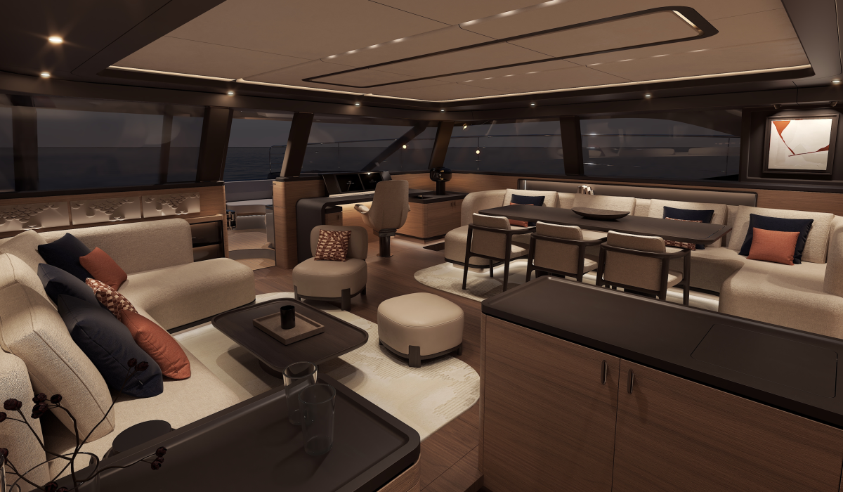 Oyster P60 power catamaran interior saloon at night 7