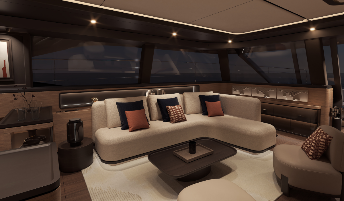 Oyster P60 power catamaran interior saloon at night 8