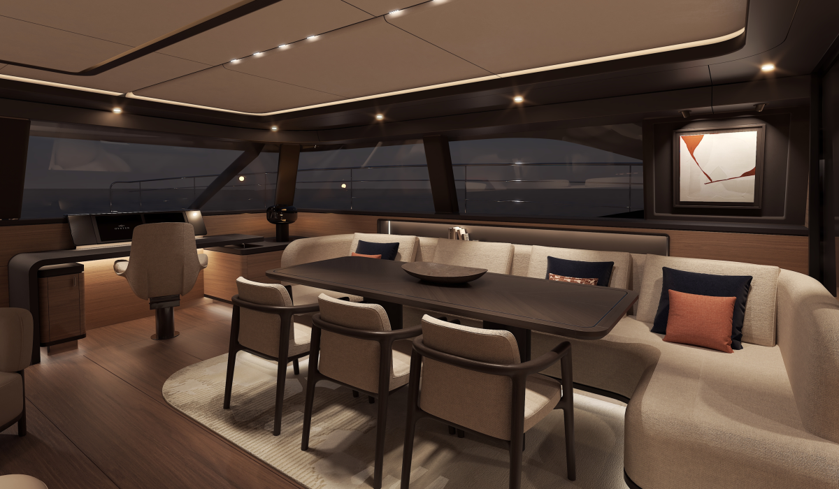 Oyster P60 power catamaran interior saloon at night 9