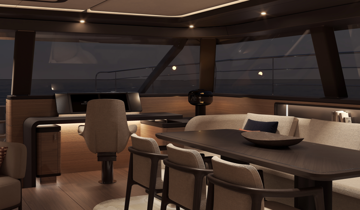 Oyster P60 power catamaran interior saloon at night