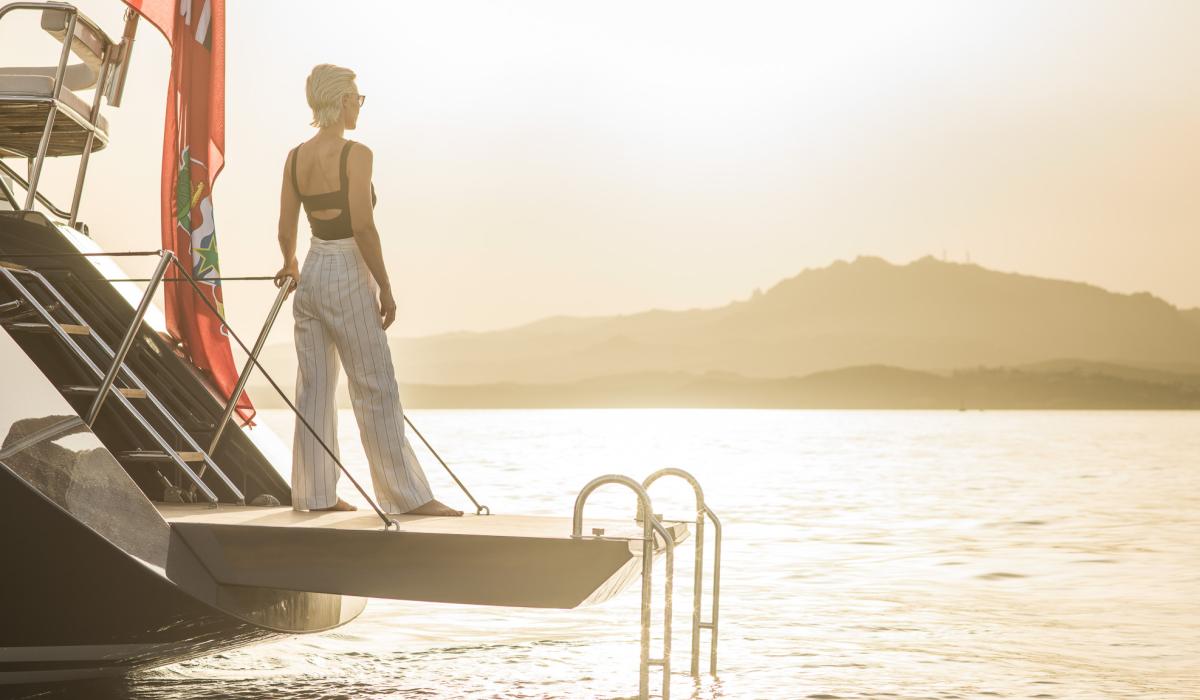 Oyster Yachts Oyster 885 90 foot sailing yacht swim platform ladder sunset