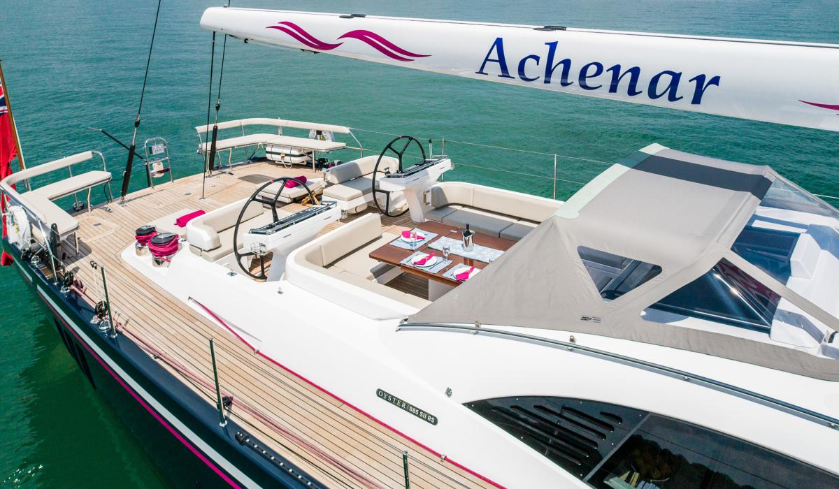 Oyster Yachts Oyster 885 Achenar Luxury Sailing Yacht Cockpit Drone View