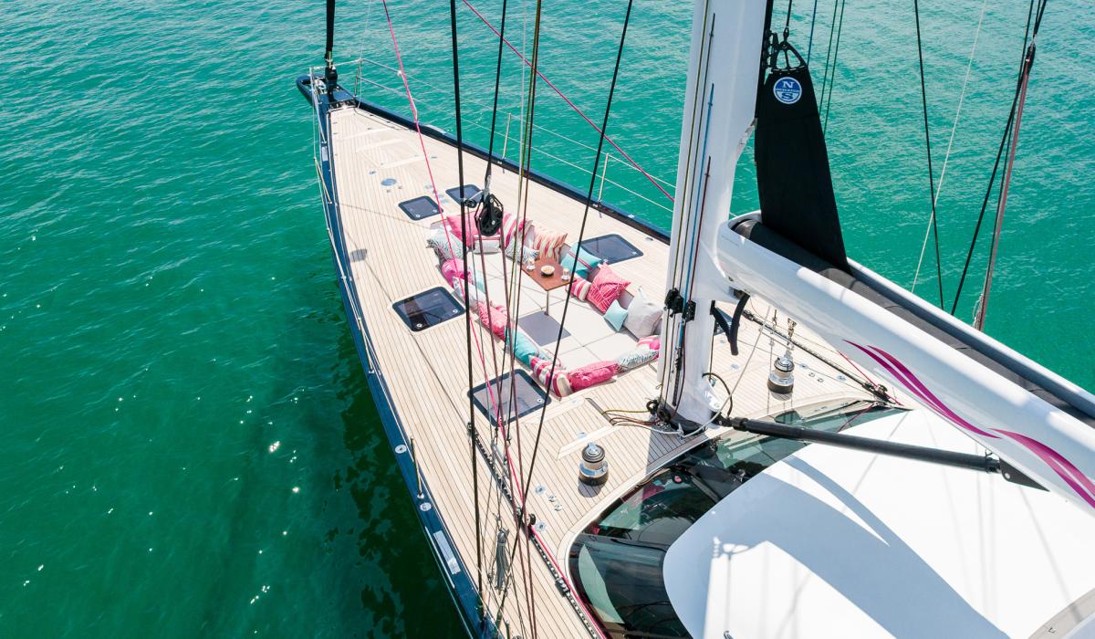 Oyster Yachts Oyster 885 Achenar Luxury Sailing Yacht Drone View Foredeck