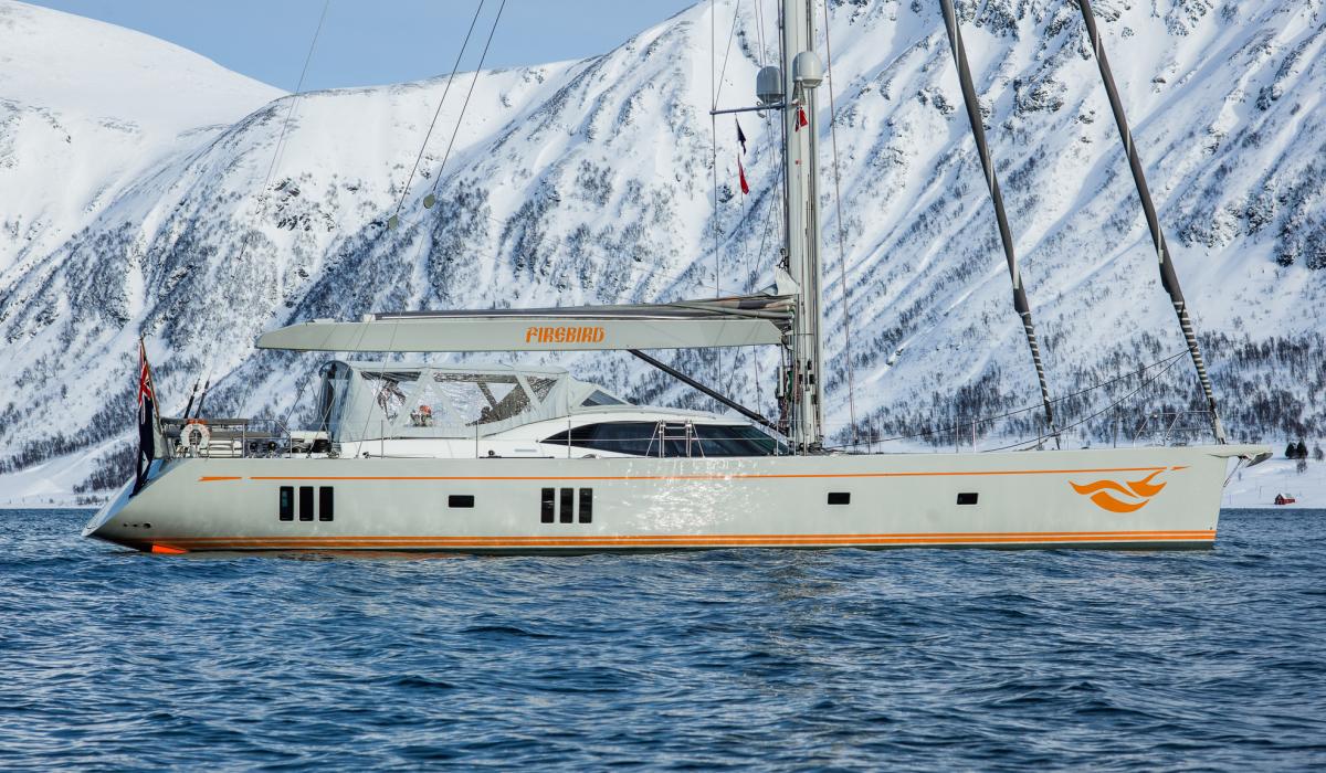 Oyster Yachts Oyster 885 Firebird 90 Foot Sailing Yacht At Anchor Snow Mountains