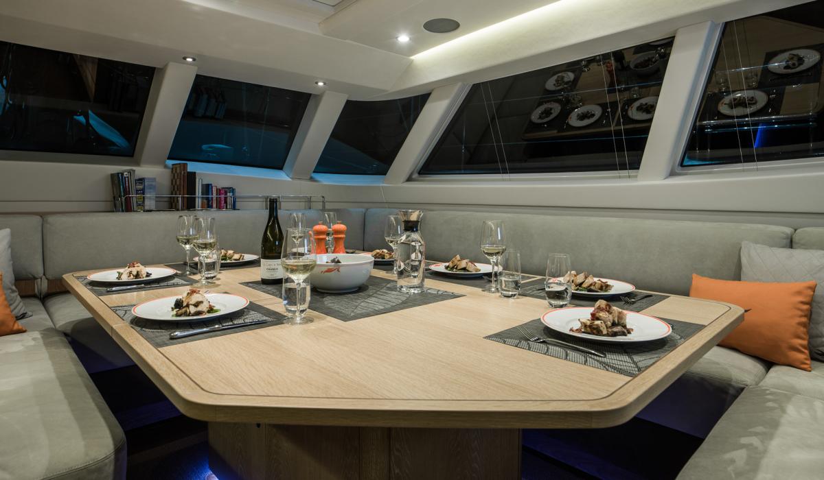 Oyster Yachts Oyster 885 Firebird 90 Foot Sailing Yacht Interior Saloon Table Dinner