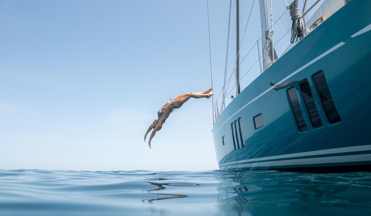 Oyster Yachts Oyster 885 Karibu Luxury Sailing Yacht 90 Foot Diving From Side