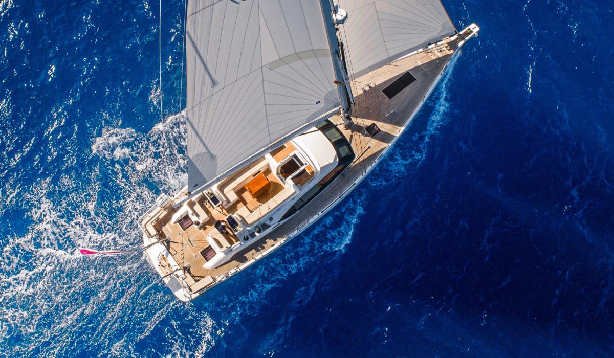 drone shot of 60 foot sailing yacht